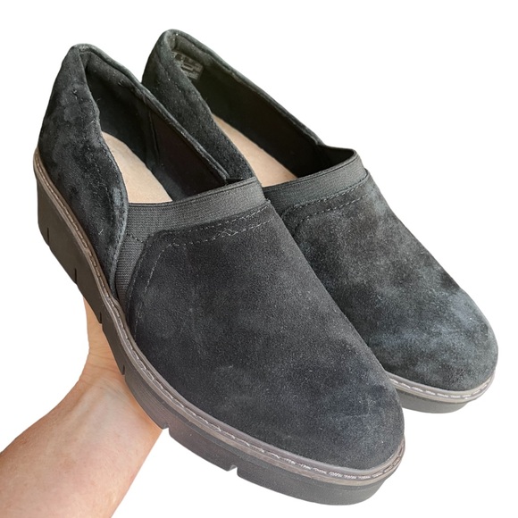 CLARKS AIRABELL MID SLIP ON SUEDE LEATHER WEDGE SHOES BLACK Size 9.5 - Picture 6 of 12